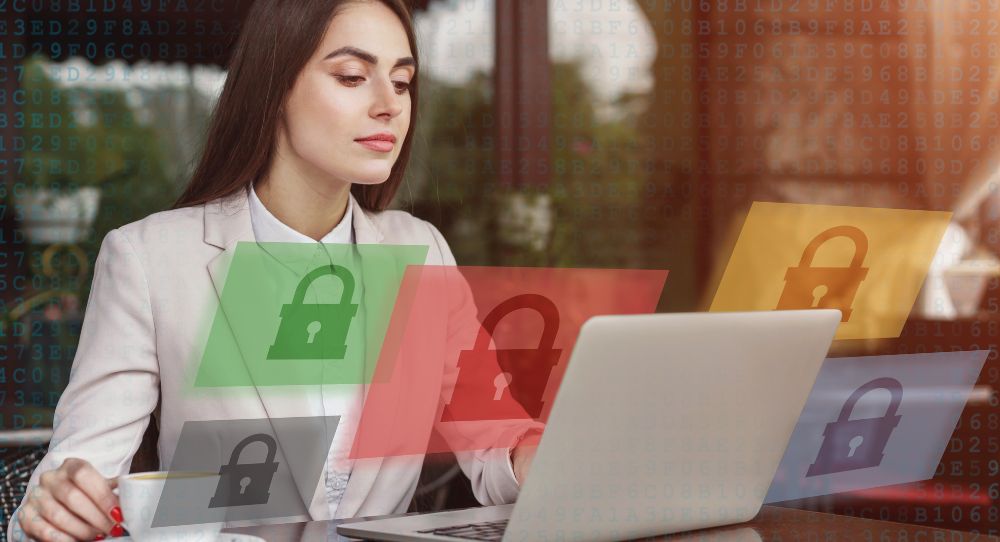 a woman with a variety of screens all with locks on them